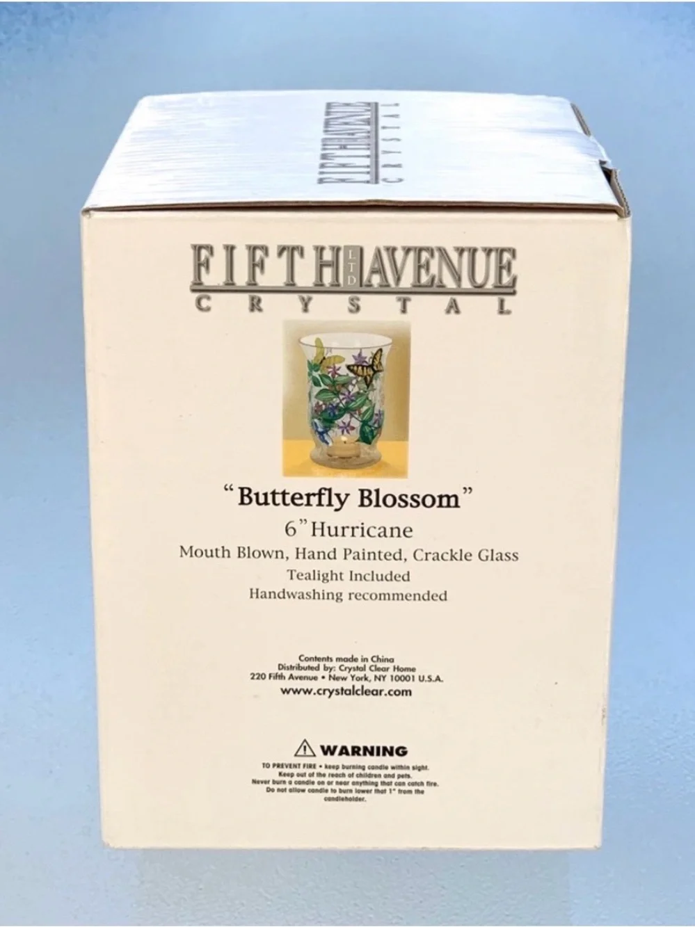 Fifth Avenue Crystal Butterfly Blossom Crackle Glass 6” Hurricane Candle Holder